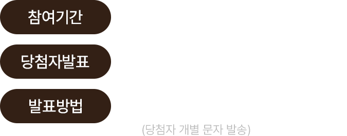 참여기간 2024년 12월 31일(화)까지 당첨자발표 2025년 1월 8일(수) 발표방법 홈페이지 이벤트게시판 게시  (당첨자 개별 문자 발송)