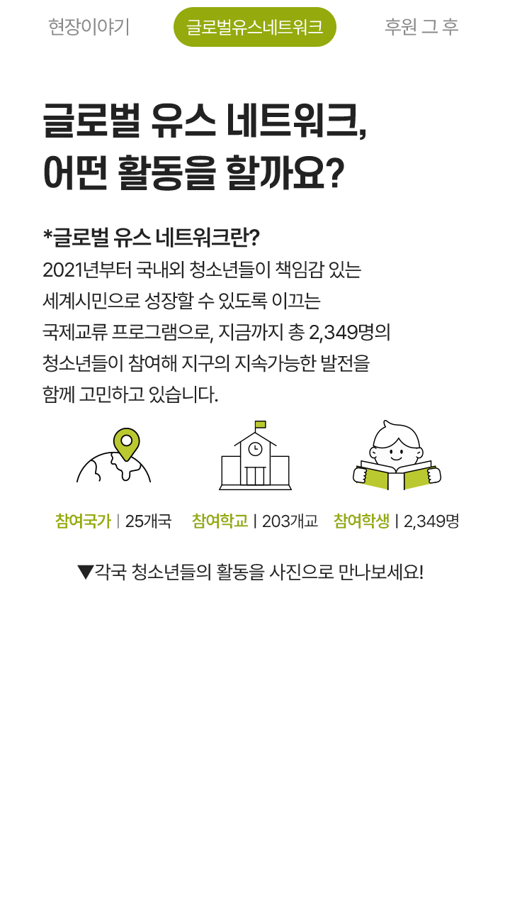 글로벌 유스 네트워크, 어떤 활동을 할까요? *글로벌 유스 네트워크란? 2021년부터 국내외 청소년들이 책임감 있는 세계시민으로 성장할 수 있도록 이끄는 국제교류 프로그램으로, 지금까지 총 2,349명의 청소년들이 참여해 지구의 지속가능한 발전을 함께 고민하고 있습니다. 참여국가 | 25개국, 참여학교 | 132개교, 참여학생 | 1,598명, 각국 청소년들의 활동을 사진으로 만나보세요!